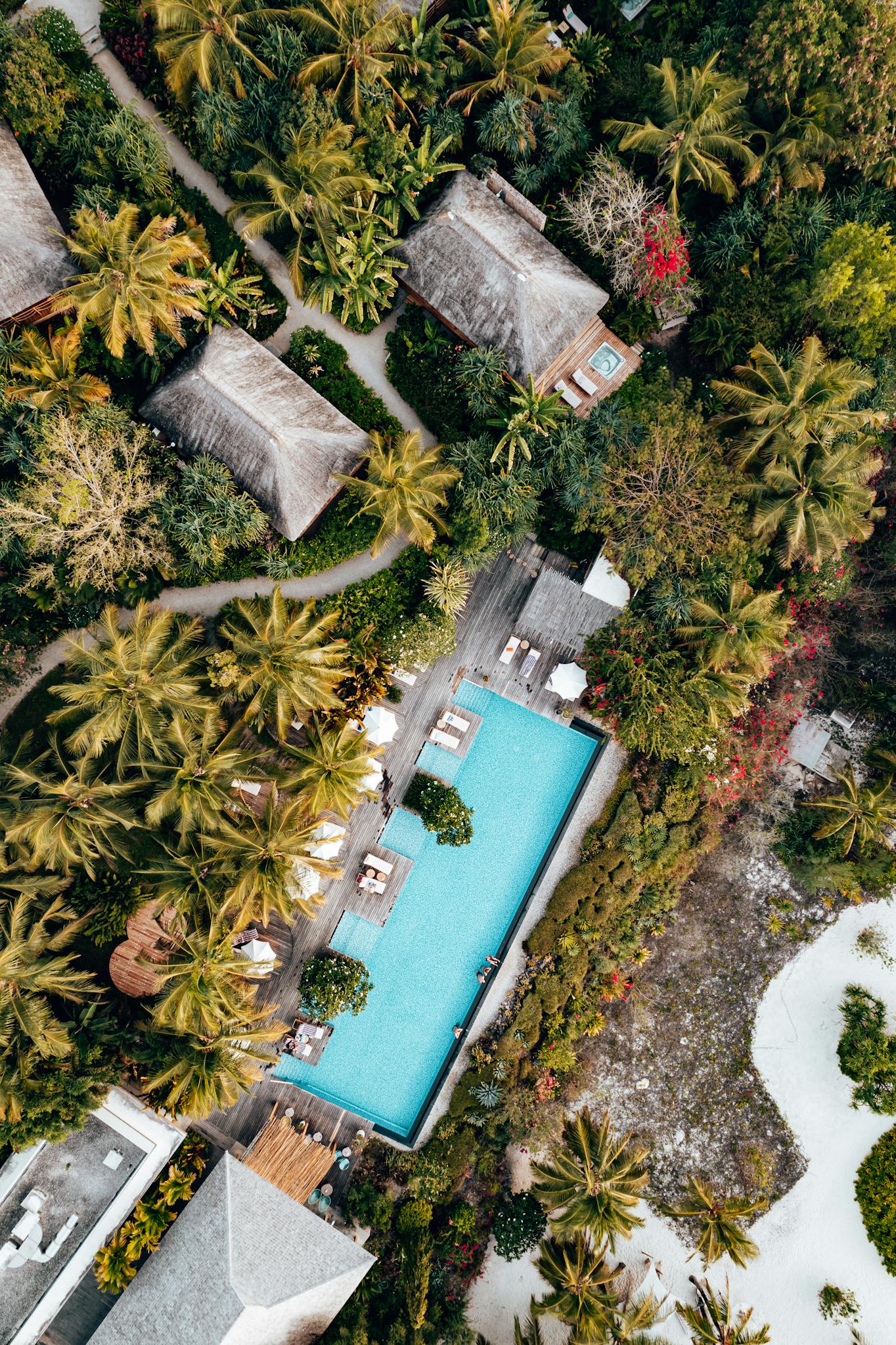 Aerial view of a luxurious resort with a pool in tropical Zanzibar.